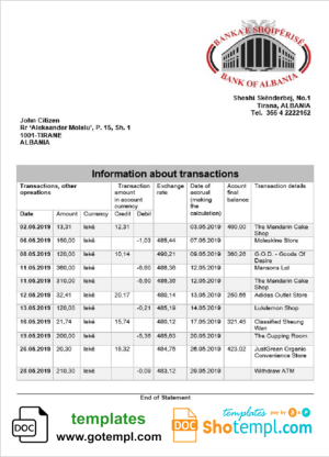 Albanian Bank of Albanian bank statement 3 - 6 months sample in Word and PDF format