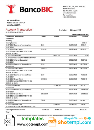 Angolan Banco BIC proof of address bank statement 3 - 6 months sample in Word and PDF format