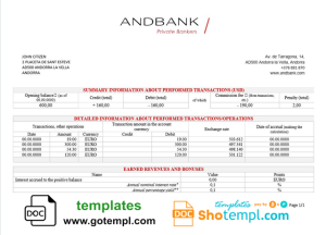 Andorran Andbank bank statement 3 - 6 months sample in Word and PDF format, good for address prove