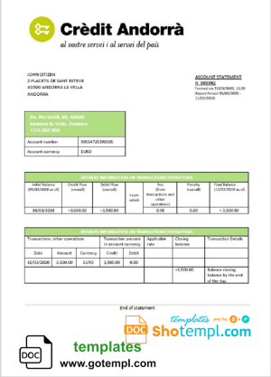 Andorran Credit Andorran bank statement 3 - 6 months sample in Word and PDF format