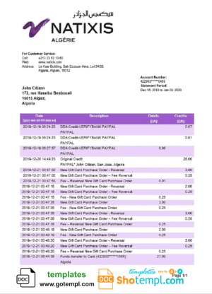Algerian Natixis Algerie bank proof of address bank statement 3 - 6 months sample in Word and PDF format