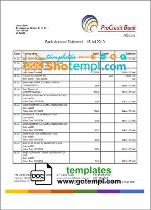 Albanian ProCreditBank proof of address bank statement 3 - 6 months Word and PDF sample, .doc and .pdf format