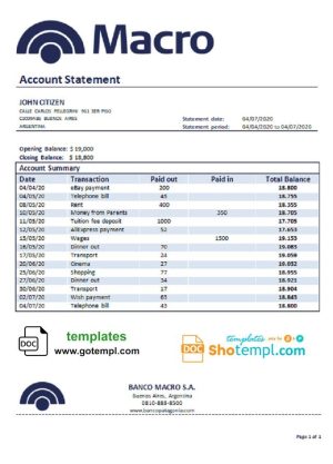 Argentinian Banco Macro S.A. bank statement 3 - 6 months sample in Word and PDF format